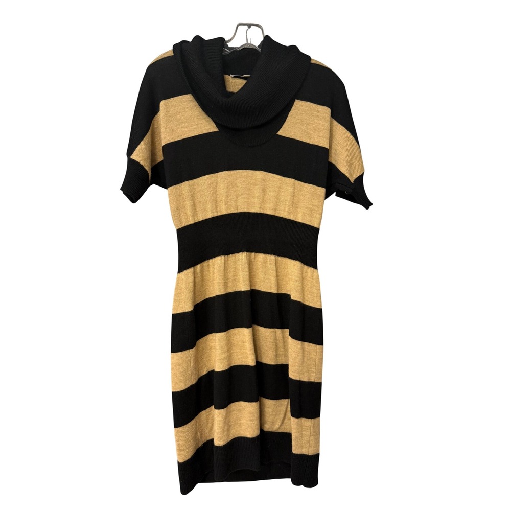 Ann Taylor LOFT Merino Wool Blend Striped Cowl Neck Sweater Dress Black Tan M